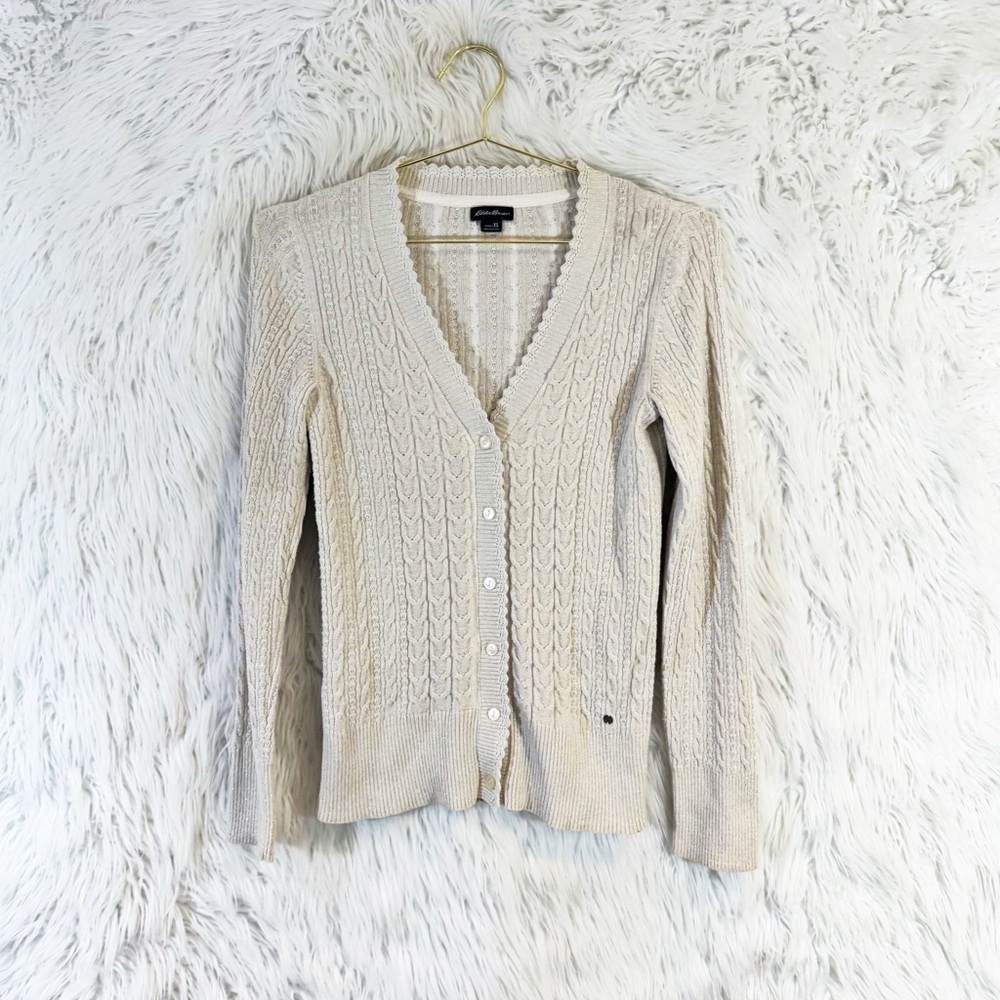 Eddie Bauer metallic scalloped pointelle cardigan sweater